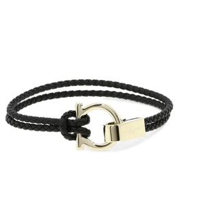 Ferragamo black double braid leather bracelet with silver clasp in logo style